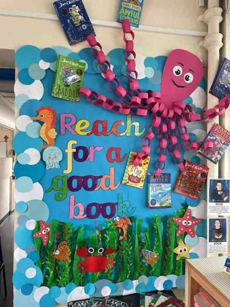 Seaweed Bulletin Board, Underwater Board Ideas, Dive Into A Good Book Display, Ocean Theme Reading Area, Aquatic Bulletin Boards, Ocean Theme Reading Corner, Under The Sea Library Bulletin Board, Under The Sea Book Corner, Ocean Theme Library