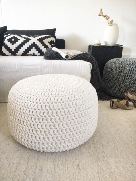 Pouf Ottoman Living Room, Round Ottoman Coffee Table, Crochet Pouf, Pouf Design, Pouffe Ottoman, White Furniture Living Room, Modern Boho Decor, Floor Pouf, Floor Seating