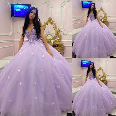 (eBay) Find many great new & used options and get the best deals for 3D Butterflies Purple Quinceanera Dresses V Neck Sweet 15 16 Party Ball Gowns at the best online prices at eBay! Free shipping for many products! Quinceanera Dresses Purple Lavender Butterfly, Royal Purple Quince Dresses, Lavender Quince Dress With Butterflies, Purple Quinceanera Dresses Butterfly, Lavender Quince Dress, Butterfly Quince Dress, Purple Sweet 16 Dresses, Purple Butterfly Dress, Butterfly Quinceanera Theme