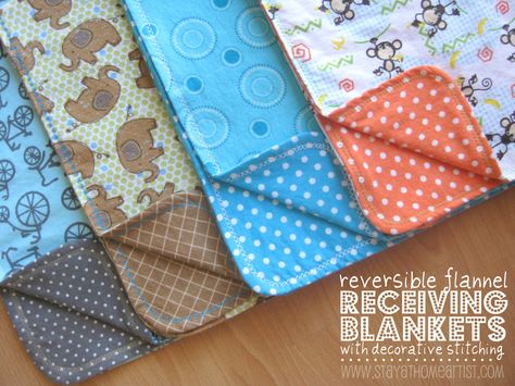 stayathomeartist.com: reversible flannel receiving blankets with decorative stitching... Decorative Sewing Machine Stitches, Receiving Blankets Diy, Sewing Blankets, Baby Cuddles, Flannel Blankets, Blanket Tutorial, Kids Quilts, Baby Receiving Blankets, Trendy Sewing