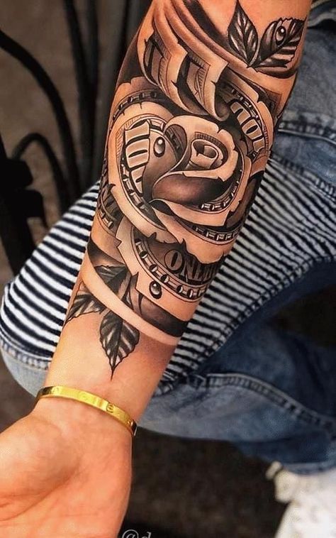 2021 Roman Numerals, Moneybag Tattoos On Neck, Tato Lengan Bawah, Money Rose Tattoo, Rosen Tattoo Frau, Tato Suku, Tato Dada, Rose Tattoo Sleeve, G Tattoo