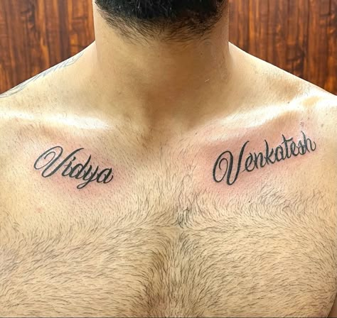 Parents name chest tattoo Names On Chest Tattoo Guys, Name Placement Tattoos Men, Parents Names Tattoo Ideas, Chest Name Tattoo Men, Name Chest Tattoos For Men, Parents Name Tattoo, Chest Name Tattoo Female, Name Tattoo Ideas, Black And Grey Tattoos Sleeve