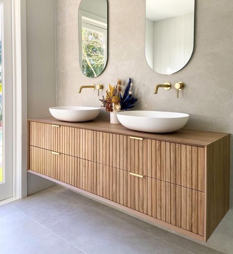 Sunday vanity vibes ☀️ | Instagram Modern Wood Bathroom Vanity, Japandi Vanity, Vanity Cabinets Bathroom, Bathroom Cabinet Ideas, Floating Wood Vanity, Statement Bathroom, Bathroom Inspo Interior Design, Wooden Bathroom Vanity, Bathroom Vanity Ideas