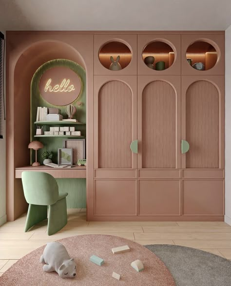 Pop Color Design Bedrooms, Cheerful Interior Design, Soft Home Decor, Pink And Green Kids Room, Art Deco Kids Room, Kids Room Wardrobe Design, Child Room Design, Kids Bedroom Furniture Design, Circu Magical Furniture