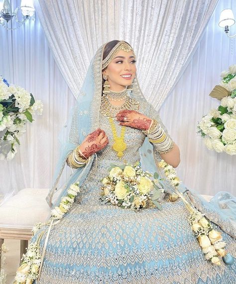 blue lengha indian wedding pakistani wedding nikkah dress bengali dress light blue mehndi nikkah engagement lengha dress bollywood Blue Wedding Lengha, South Asian Wedding Dress, Baby Blue Wedding Dresses, Wedding Lengha, Asian Bridal Wear, Nikah Outfit, Wedding Dresses Pakistani, Blue Bride, Desi Wedding Dresses