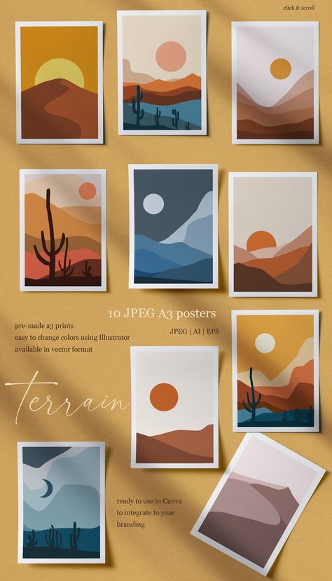 Boho Painting Landscape, Simple Digital Painting, Line Art Landscape Drawings, Minimalistic Landscape Painting, Abstract Landscape Illustration, Boho Landscape Painting, Simple Diy Paintings, Art Trends 2024, Simple Paint Designs On Wall