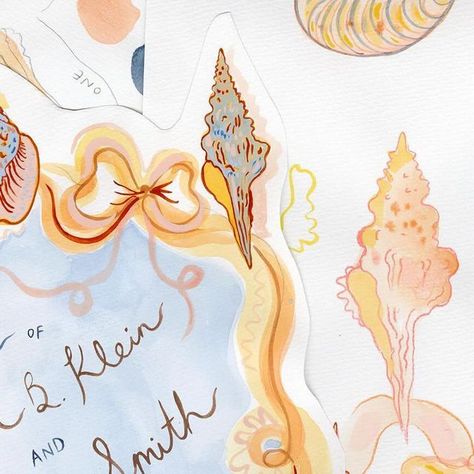 Art & Design Studio on Instagram: "Custom, hand-painted wedding invitation and details card for a beachside wedding in Connecticut.   I loved designing and painting this one because their non-traditional composition, vibrant color palette and all the little tiny details I painted into the shells🐚  OPEN FOR COMMISSIONS for both wedding & event stationery * Comment stationery for a DM to get the process started ✨  Commissioning an original stationery suite is an experience that allows you to participate in the creative process of your wedding or event. The process begins with a conversation to establish color palette, theme, imagery and other key details for each client.   Each element of custom stationery is thoughtfully illustrated and hand-painted with watercolor and gouache paint, which Color Palette Theme, Painted Invitations, Vibrant Color Palette, Event Stationery, Beachside Wedding, Gouache Paint, Hand Painted Wedding, The Creative Process, Custom Stationery