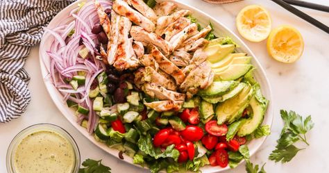 Whole30 Mediterranean Chicken Salad – What Great Grandma Ate Paleo Chicken Salad Recipe, Whole30 Salad Dressing, Mediterranean Chicken Salad, Paleo Chicken Salad, Whole30 Chicken Salad, Mediterranean Grilled Chicken, Cauliflower Couscous, Grape Salad, Romaine Lettuce Salad