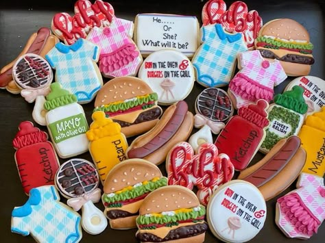 Baby Q Cookies, Baby Bbq Gender Reveal, Baby Q Baby Shower Ideas, Themed Gender Reveal Ideas, Baby Q Gender Reveal, Babyque Shower, Gender Reveal Bbq, Bbq Gender Reveal, Bbq Baby Shower Decorations