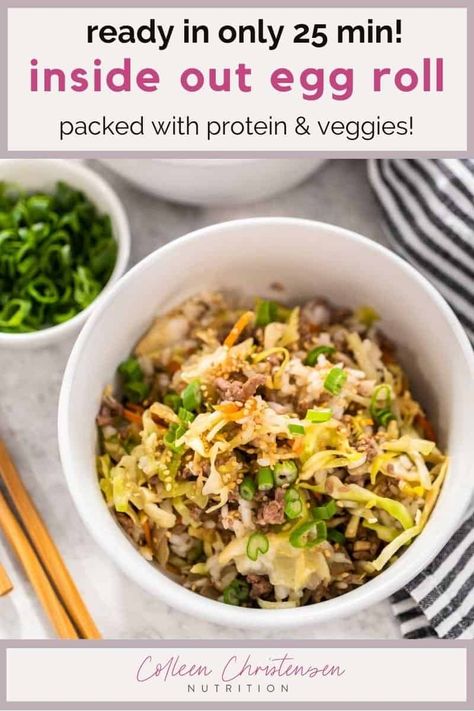 This delicious Inside Out Egg Roll recipe is the BEST 20 minute meal idea! Made with coleslaw mix and ground beef, it's the perfect easy weeknight meal, and is sure to satisfy even picky eaters! All the flavor of an egg roll...in a bowl! An easy beef and cabbage recipe that requires little prep, and can even be made ahead! If you're looking for easy dinner ideas, you have to try this Inside Out Egg Roll tonight! Serve with rice for a filling and hearty main dish. Inside Out Egg Roll Recipe, Inside Out Egg Roll, Gf Entrees, Chic Food, Egg Roll Recipe, Eggroll In A Bowl, Egg Roll In A Bowl, Asian Recipe, Six Sisters Stuff