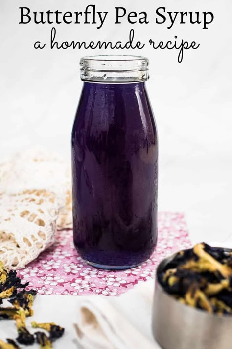 Butterfly Pea Syrup, Butterfly Pea Recipe, Pea Flower Recipes, Butterfly Pea Flower Uses, Butterfly Pea Recipe Food, Butterfly Pea Dessert, Butterfly Pea Flower Simple Syrup, Butterfly Pea Tea Recipe, Butterfly Pea Flower Syrup