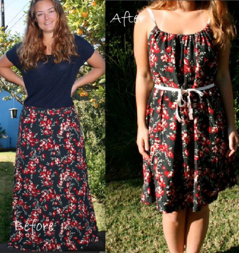 DIY skirt to dress. Good to know because I see a ton of skirts at Goodwill! Skirt To Dress, Skirt Diy, Upcycle Sewing, Diy Vetement, Diy Skirt, Altering Clothes, Recycle Clothes, Refashion Clothes, Diy Dress