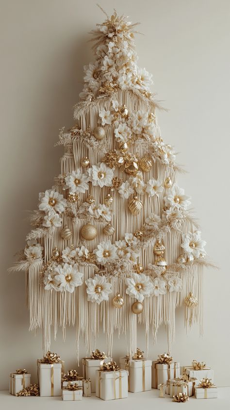 Macrame wall-mounted Christmas tree in beige and white, adorned with flowers, gold accents, and tassels, with presents below. Gold And White Christmas Aesthetic, White Boho Christmas Decor, Winter Decor Inspiration, Stunning Christmas Trees, Gold And White Christmas Decorations, Spring 2025 Decor Trends, Boho Christmas Mantle Decor, Christmas Theme Aesthetic, Boho Christmas Crafts