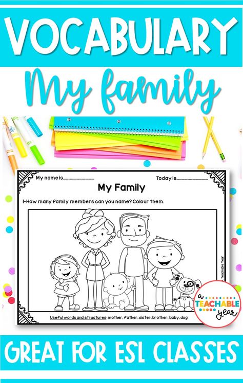 Your Pre-K, Kindergarten and 1st grade ESL / EFL students will love learning about families with this learning pack. This resource includes worksheets and vocabulary cards that are perfect to display in the classroom or on the word wall. There are also a variety of no prep activities that will get your students learning and working with their new English vocabulary. The activities include coloring worksheets, a mini book, a wearable headband and watch, among others. All About Me Vocabulary Words Preschool, Family Worksheets For Preschool, Family Worksheet Preschool, Family Members Activities Preschool, My Family Activities, Family Vocabulary English, Esl Family Vocabulary Worksheets, Toys Vocabulary For Kids, Books For Vocabulary Building