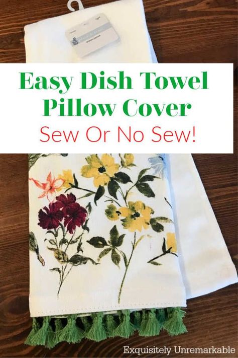 Want to make a cute pillow cover with fringe in 5 minutes? I'm sharing my step by step tutorial to make an easy kitchen dish towel pillow cover. Learn how to make this simple sew or no sew pillow cover with my quick secret! It's perfect for the anyone who loves inexpensive decor, easy crafts and DIY. #homedecor Make A Pillow Cover, Engine Video, Pillow Cover Tutorial, Dish Towel Crafts, Pillow Covers Tutorial, No Sew Pillow Covers, Tea Towels Diy, Make A Pillow, Easy Pillows