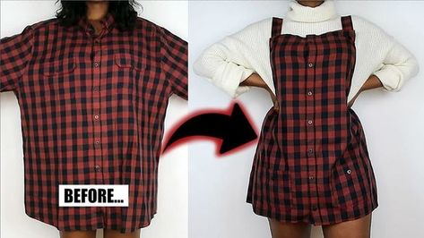 Diy Dress Makeover Refashioning Ideas, Repurpose Mens Button Up Shirt, Upcycle Mens Dress Shirt For Women, Fashion Wizardry, Diy Button Up Shirt Upcycle, Shirt Refashion Diy, Diy Overall Dress, Men's Shirt Refashion, Diy Plaid