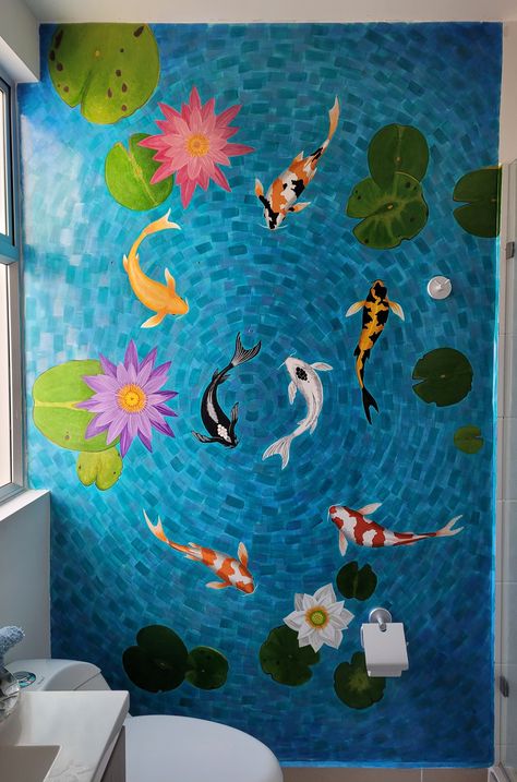 Koi Fish Mural, Wall Painting Ideas Aesthetic, Fish Mural, Koi Fish Drawing, Paint Color Ideas, School Murals, Seashell Painting, Bedroom Murals, Exterior Paint Color