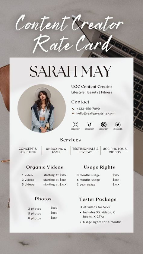 Rate Card Influencer, Media Kit Examples, Blog Media Kit, Media Kit Design, Rate Card, Minimal Template, Ugc Content Creator, Social Media Content Planner, Types Of Social Media