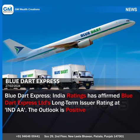 Blue Dart Express: India Ratings has affirmed Blue Dart Express Ltd's Long-Term Issuer Rating at 'IND AA'. The Outlook is Positive #bluedart #bluedartexpress #Newsnight Blue Dart, Dart, India, Blue, Quick Saves