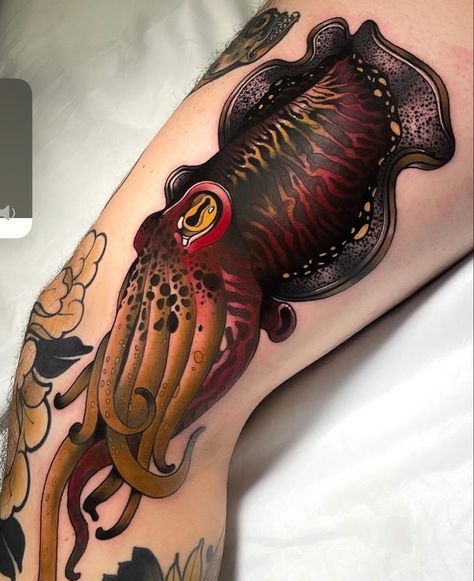 Neo Trad Octopus Tattoo, Neo Trad Fish Tattoo, Squid Attacking Ship Tattoo, Mermaid Tattoo Neotraditional, Vampire Squid Tattoo, Octopus Neotraditional, Neo Traditional Octopus Tattoo, Cuddlefish Tattoos, Halibut Tattoo