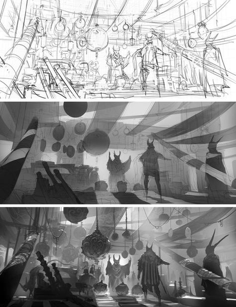 Feng Zhu Design on Twitter: "When learning digital painting, start by creating silhouettes of all your major forms. Then place a backlight to punch up the contrast (regardless of day or night, interior or exterior). This is an easier method to try before diving into the deeper stuff. https://t.co/R2Nwi2djEU" / Twitter Environment Thumbnails, Art Thumbnails, Feng Zhu Design, Feng Zhu, Storyboard Ideas, Masterpieces Painting, Comic Book Layout, Key Frame, Digital Painting Techniques