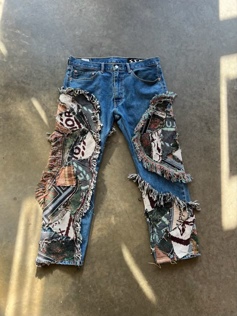 Reworked Jeans Men, Tapestry Jeans, Rework Denim, Pants With Patches, Denim Diy Clothes, Custom Pants, Black Men Street Fashion, Diy Clothes Design, Concept Clothing