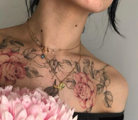 Full Body Rose Tattoo, Left Chest Tattoo Female, Chest Pieces For Women, Stomach Tattoo Plus Size, Symmetrical Chest Tattoo Female, Aquarius And Pisces Tattoo, Pink Floral Tattoo, Women’s Chest Tattoo, Arm Tattoos For Women Sleeve