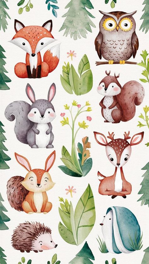 Intriguing illustrations of mythical creatures alongside forest animals, perfect for fantasy themes. Woodland Animals Illustration, Wald Wallpaper, Forest Animals Illustration, Animal Pictures For Kids, Forest Clipart, Wild Animals Vector, Woodland Baby Shower Decorations, Image Nature, Forest Illustration