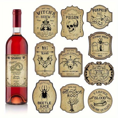 Halloween Wine Bottle Labels, Halloween Wine Labels, Halloween Apothecary Labels, Halloween Bottle Labels, Halloween Wine Bottles, Vintage Spooky, Wine Bottle Stickers, Halloween Apothecary, Apothecary Labels