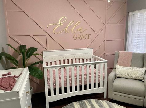 Modern Wall Paneling Pink, Pink Accent Wall Nursery, Toddler Bedroom Wall, Baby Room Signs, Word Wall Decor, Nursery Accent Wall, Cut Baby, Wall Moulding