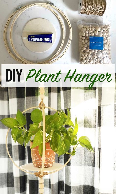 How to make a DIY plant hanger using embroidery hoops and Beacon Adhesives Power-Tac. 20 minute craft to make a boho plant hanger. #Ad #MadeWithBeacon Plant Hanger Diy Wood, Embroidery Hoop Plant Hanger, Yarn Plant Hanger, Bead Plant Hanger, Diy Beaded Plant Hanger, Indoor Plant Wall, Wood Beads Diy, Hanging Plant Wall, Diy Plant Stand