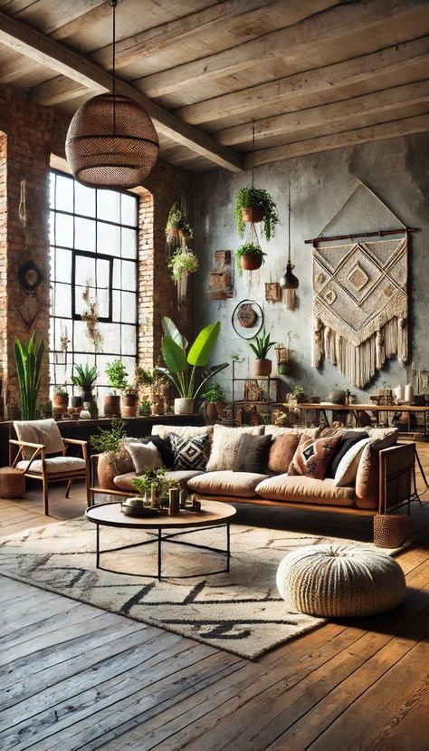 Boho Living Room Brick Wall, Industrial Boho Design, Living Room Designs Bohemian, Rustic Luxe Decor, Industrial Boho Living Room, Exposed Brick Living Room, Boho Loft Apartment, Rustic Bohemian Living Room, Industrial Boho Decor