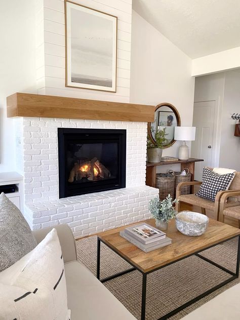 Crisp Brick Takes Fireplace from Dull to Dazzling | Heat & Glo Painted White Brick Fireplace, Brick Fireplace Remodel, White Wash Fireplace, Wooden Fireplace Surround, Pastel Interior Design, Indoor Gas Fireplace, White Brick Fireplace, Wood Mantel, Wooden Fireplace