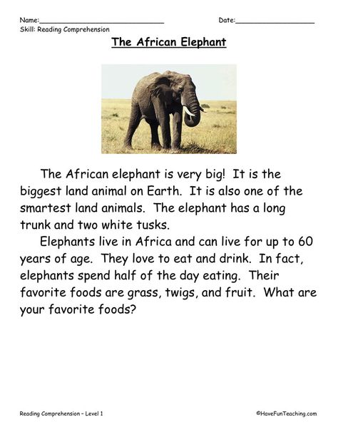 This Reading Comprehension Worksheet - The African Elephant is for teaching reading comprehension. Use this reading comprehension story to teach reading comprehension. La Activities, English Composition, Reading Comprehension Test, All About Elephants, 6th Grade Worksheets, Elephant Facts, First Grade Reading Comprehension, Teaching Reading Comprehension, Reading Comprehension Lessons