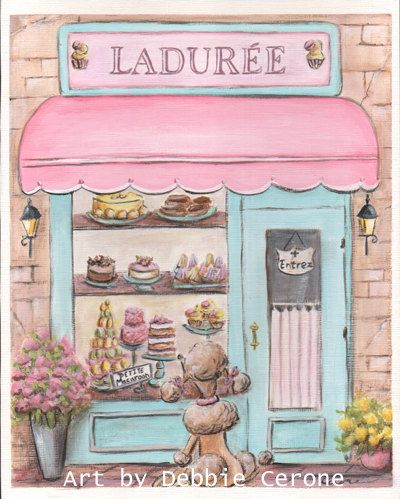 This print features a whimsical French pastry shop with a French poodle and more! Loosely based on the very fabulous Paris Patisserie - Laduree, its painted in beautiful pinks, gray and aqua.  *Listing is for print only. Frames and mats are not included.  To see my (8) adorable Paris prints in original pink color, check out the two listings below. Each is for a different set of 4:  https://www.etsy.com/listing/184487368/4-pink-paris-prints  https://www.etsy... Pink Paris Bedroom, Pink Paris Art, Paris Themed Bedroom Decor, Paris Girls Bedroom, Paris Nursery, Paris Themed Bedroom, Art Parisien, Paris Artwork, Travel Theme Nursery