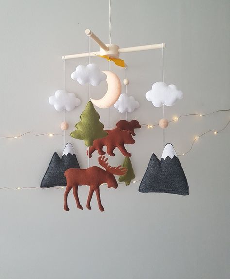 Mountain And Bear Nursery, Mountain Bear Nursery, Moose Themed Nursery, Moose Themed Bedroom, Mountain Mobile Nursery, Moose Baby Nursery, Moose Nursery, Woodland Crib, Woodland Nursery Boy