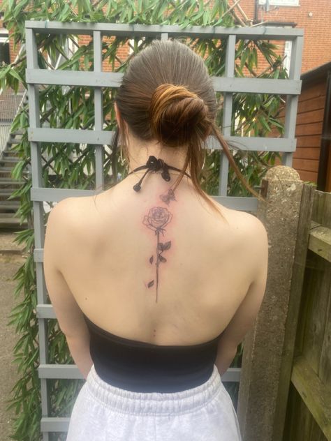 Rose And Butterfly Tattoo, Small Rose Tattoo, Rose Butterfly, Spine Tattoo, Spine Tattoos, Dope Tattoos, Rose Tattoo, Butterfly Tattoo, Back Tattoo