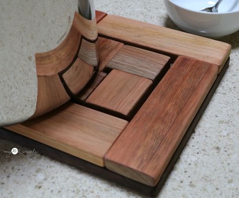 Scrap Wood Trivet, MyLove2Create Ipe Wood Projects, Diy Wood Trivets, Reclaimed Wood Media Console, Trivets Diy, Wood Trivets, Ipe Wood, Wood Scraps, Wooden Chopping Boards, Scrap Wood Projects