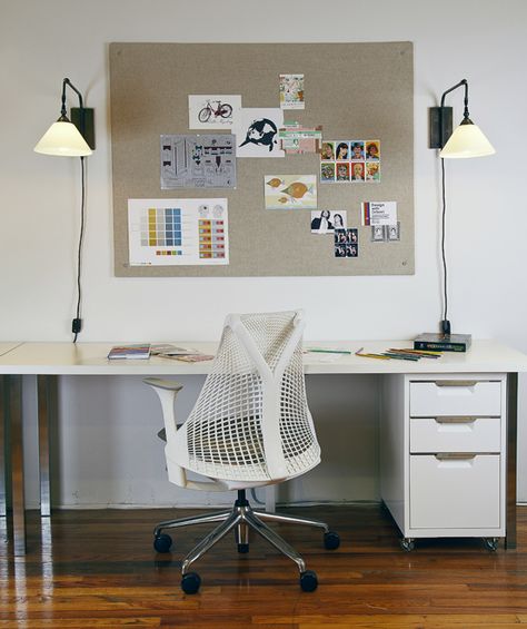 Packouz, white desk, modern, pendant task lamp, Sayl chair Artist Chair Work Spaces, White Wall Desk With Office Chair, West Elm Office Desk And Chair, White Office Chair Chic, Plan Photoshop, Sayl Chair, Herman Miller Sayl Chair, Steel Stair Railing, City Los Angeles