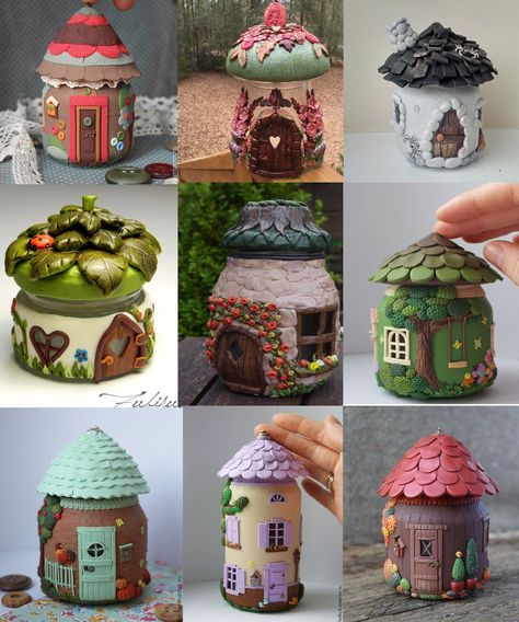 Hand picked polymer clay tutorials: Flowers, Jewlerry, Office decor, Preasents, Sweets, Wedding and much more. Kaktus Dan Sukulen, Clay Box, Clay Fairy House, Polymer Clay Fairy, Clay Jar, Fairy House Diy, Fairy Garden Crafts, Mushroom Fairy, Clay Fairies