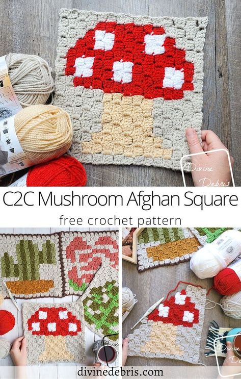 Get your fungus on with this fun and exciting new addition to the 2021 Divine Debris Plants CAL. This mushroom design will fit well with all 12 squares that be released and guaranteed to grow on… More Mushroom Afghan, C2c Projects, Corner To Corner Crochet Pattern, Crochet Throws, Cottage Crochet, C2c Crochet Pattern Free, Crochet Bloggers, Corner Crochet, Corner To Corner Crochet