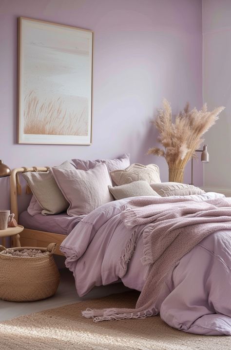 Purple Bedroom Walls, Light Wood Furniture, Woman Bedroom Ideas, Grown Woman Bedroom Ideas, Lilac Bedroom, Lavender Bedroom, Purple Bedrooms, Violet Pastel, Pastel Lavender