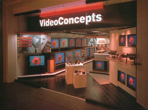 80s Mall, Starcourt Mall, Dead Malls, Vintage Mall, 80s Interior, Tv Store, Home Entertainment Centers, Retro Interior Design, Big Screen Tv