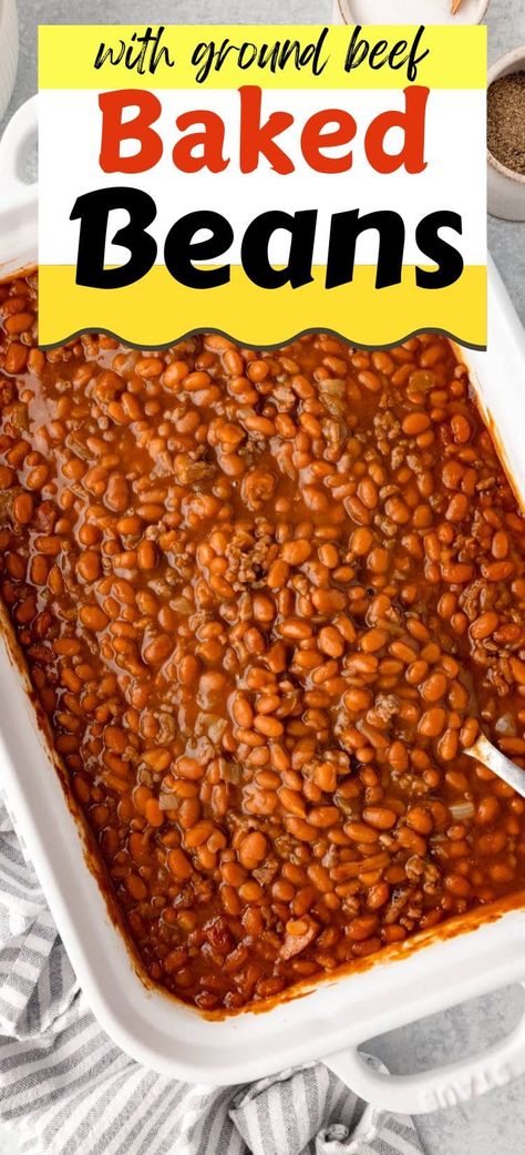 These Hearty Baked Beans with Ground Beef are a filling and flavorful twist on the classic side dish. Loaded with savory beef, smoky bacon, and a touch of sweetness, they’re the perfect addition to any BBQ or potluck! Baked Beans From Canned Beans With Ground Beef, Bbq Baked Beans With Ground Beef, Bushes Baked Beans Recipe, Bbq Beef Recipes, Loaded Baked Beans, Ground Beef Baked Beans, Baked Beans With Ground Beef, Beans With Ground Beef, Homemade Baked Beans Recipe