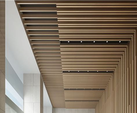 Step False Ceiling Design, Wood Slat Ceiling, Baffle Ceiling, Architecture Ceiling, Ceiling Details, Ceiling Materials, Pop False Ceiling, Ceiling Design Ideas, Lobby Interior Design