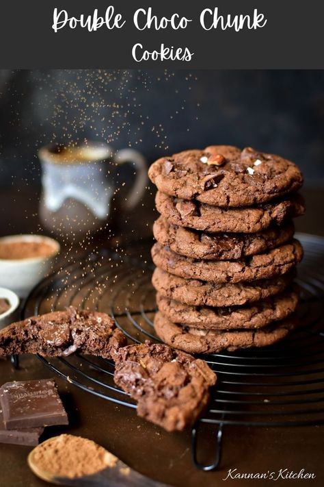 Double Choco Chunk Cookies or Double Chocochip Cookies are gooey, chewy, fudgy and crunchy cookies made using a cocoa based cookie dough topped with chocolate chunks. Try this tried and tested recipe for getting the perfect Gourmet style cookies. These cookies are loved by kids and adults alike. Chocochip Cookies, Choco Biscuit, Ice Cream Scooper, Cookie Spread, Cookie Dough Balls, Gourmet Cookies, Choco Chips, Crunchy Cookies, Chocolate Chunk