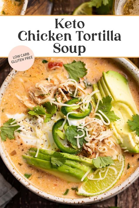 This keto chicken tortilla soup is creamy, rich, a little spicy, and easy to make in about 30 minutes. Loaded with toppings like avocado and shredded cheese, this dish is super low in carbs but you won't miss them at all - and neither will your family! Tortilla Soup Keto, Keto Chicken Tortilla, Keto Chicken Tortilla Soup, Soup Keto, Chicken Tikka Masala Recipes, Chicken Tortillas Soups Recipe, Tortilla Soup Recipe, Boiled Egg Diet Plan, Boiled Egg Diet