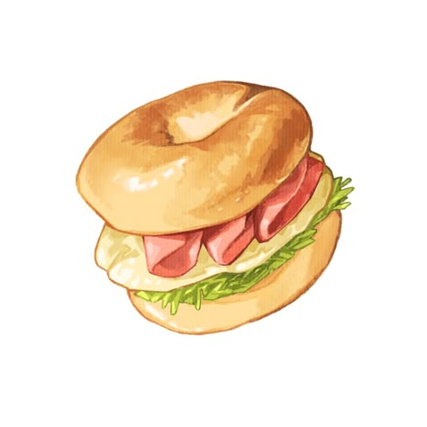 Sandwich Character Design, Chicken Sandwich Drawing, Bagel Watercolor, Cute Bread Drawings, Burger Artwork, Easy Food Drawings, Bagel Drawing, Bagel Illustration, Food Drawing Sketches