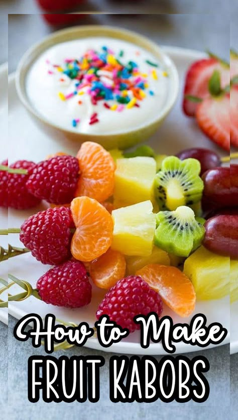 This recipe for fruit kabobs is a rainbow of fruit served on skewers with a yogurt dipping sauce. Healthy Snack For Kids, Yogurt Dipping Sauce, Easter Fruit, Baby Shower Fruit, Fruit Kebabs, Fruit Appetizers, Snack For Kids, Spring Fruit, Fruit Skewers