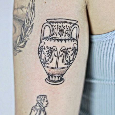 Greek Vase Tattoo Design, Jug Tattoo, Vintage Vase Tattoo, Vase With Flowers Tattoo, Greek Vase Tattoo, Pottery Tattoo, Vase Tattoo, Ancient Greek Tattoo, Greece Tattoo